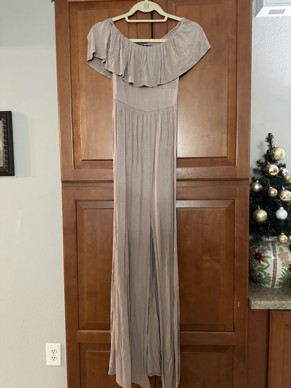 Boohoo Off-Shoulder Ruffle Wide-Leg Jumpsuit in Taupe